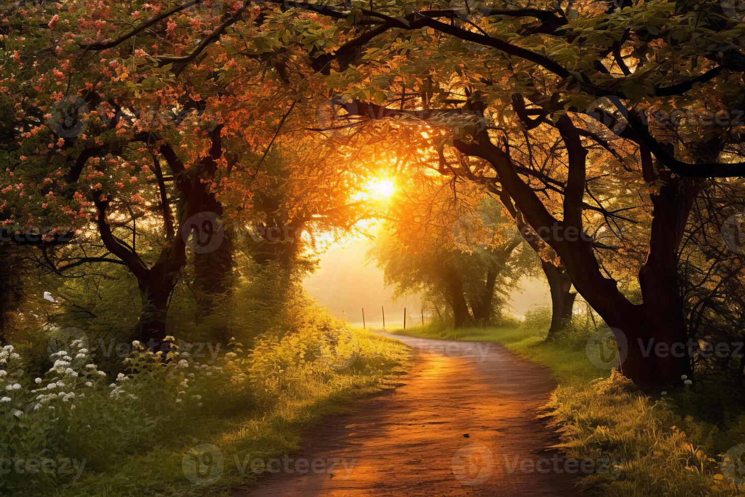 AI generated The golden hour glow on a country path. Generative AI photo