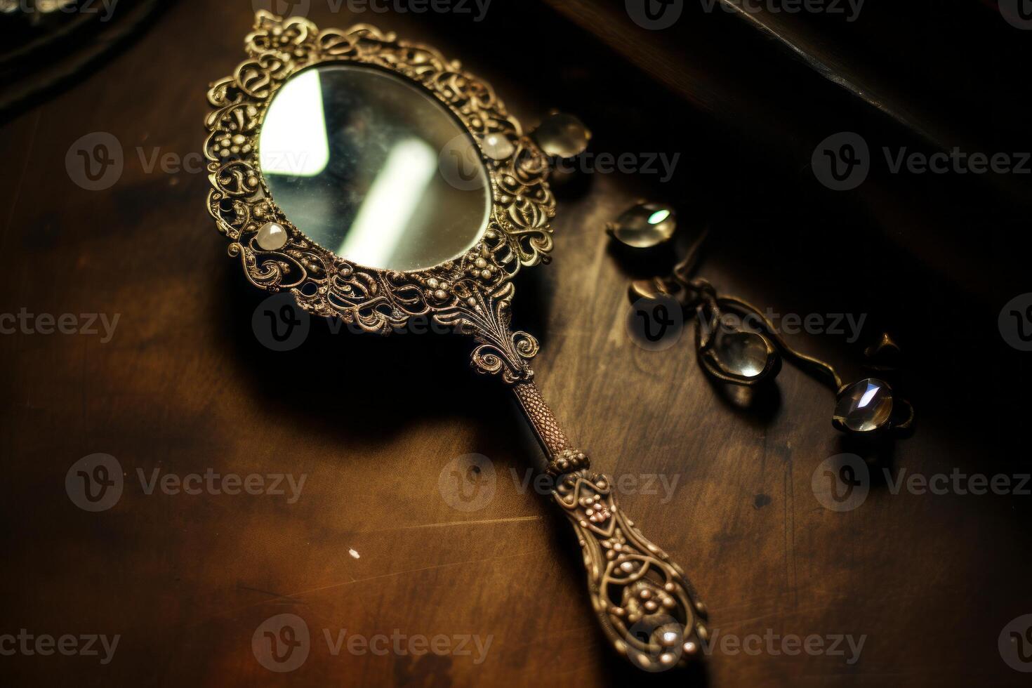 AI generated An ornate antique hand mirror with a filigree frame. Generative AI photo