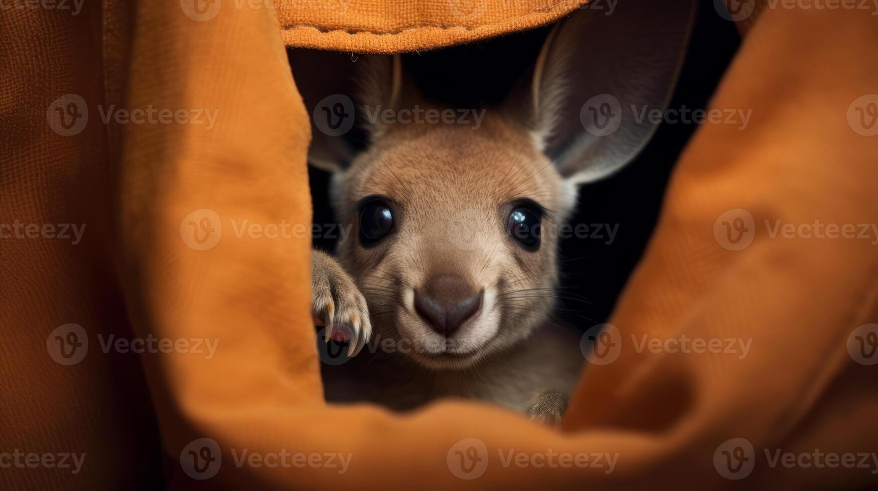 AI generated A baby kangaroo peeks out from behind a blanket. Generative AI photo