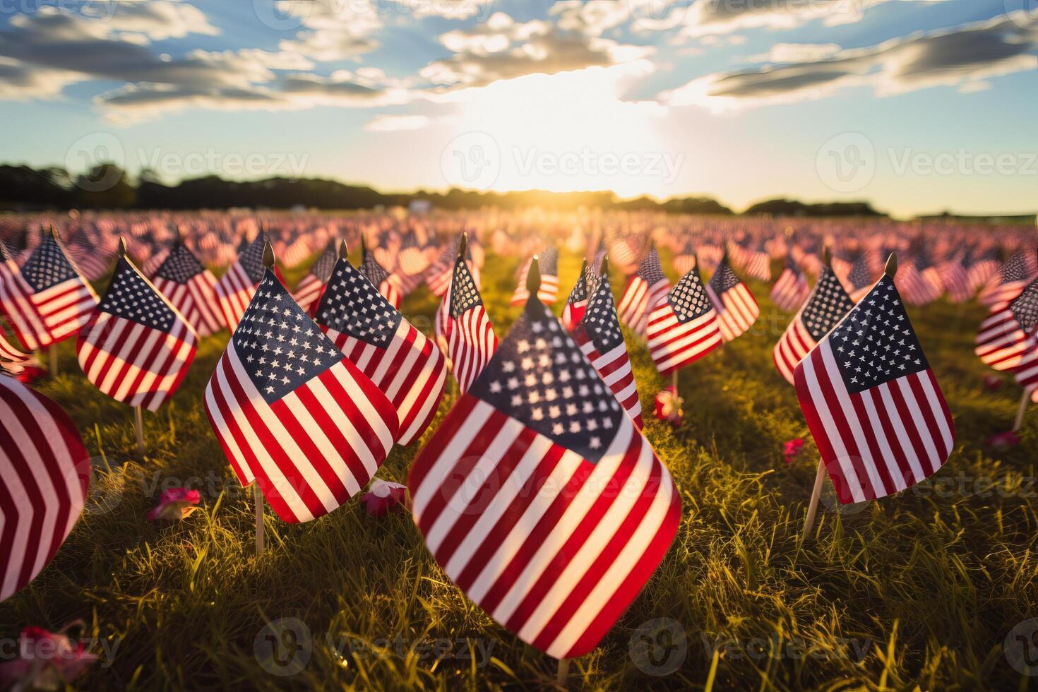 AI generated American flags forming a heart shape on a field for Patriot Day. Generative AI photo