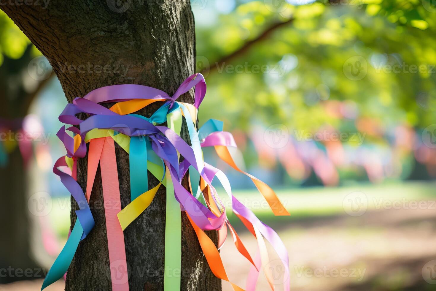 AI generated A person tying colorful ribbons with uplifting messages to a tree, creating a visual display of encouragement. Generative AI photo