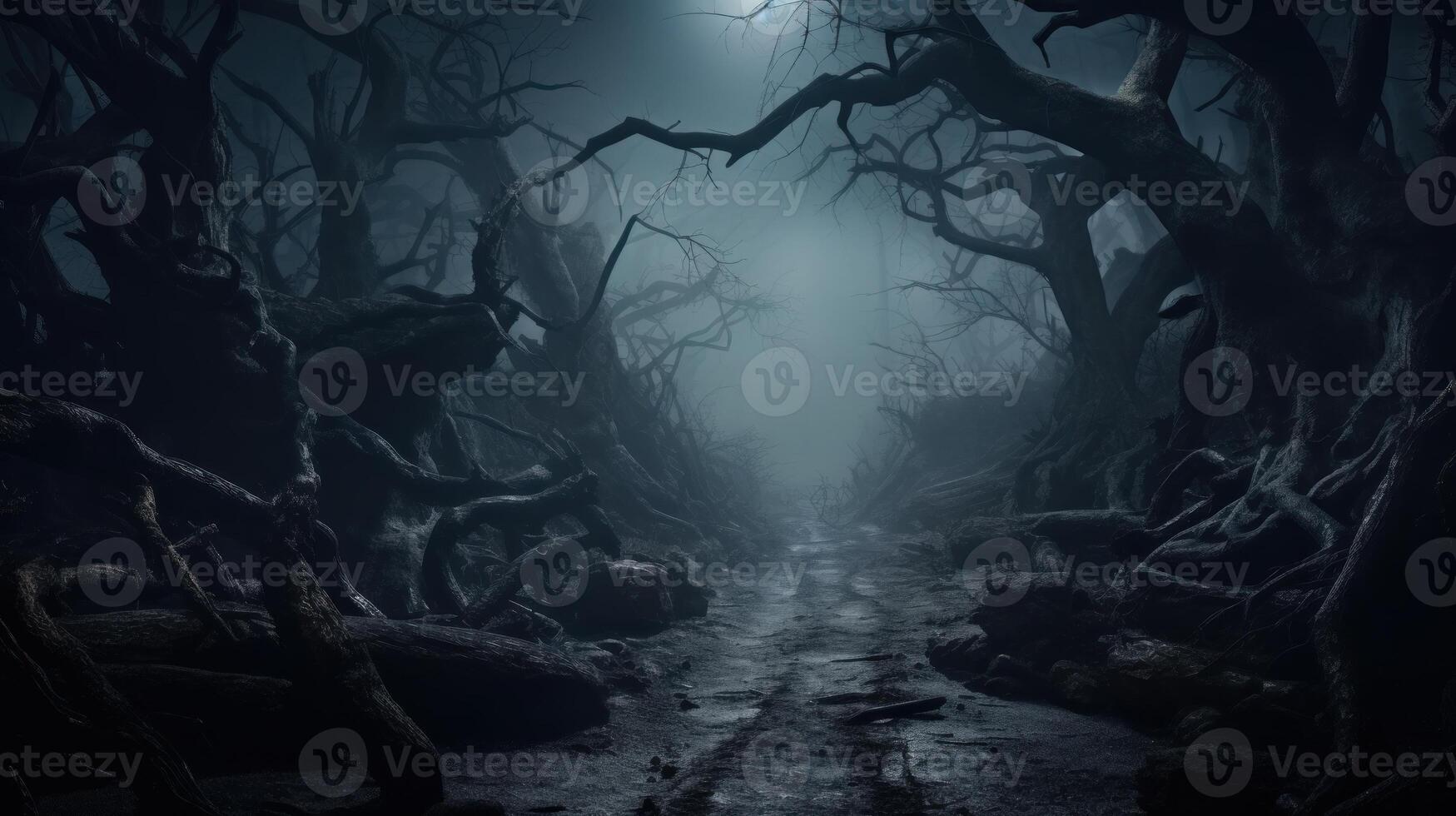 AI generated Foggy forest with twisted trees and a moonlit path. Generative AI photo