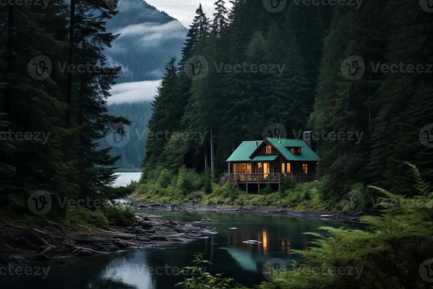 AI generated Remote cabin nestled among towering trees, surrounded by nature's beauty. Generative AI photo