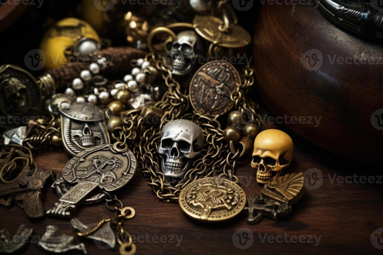 AI generated A close up of a pirate's necklace adorned with various trinkets and charms collected from their adventures. Generative AI photo