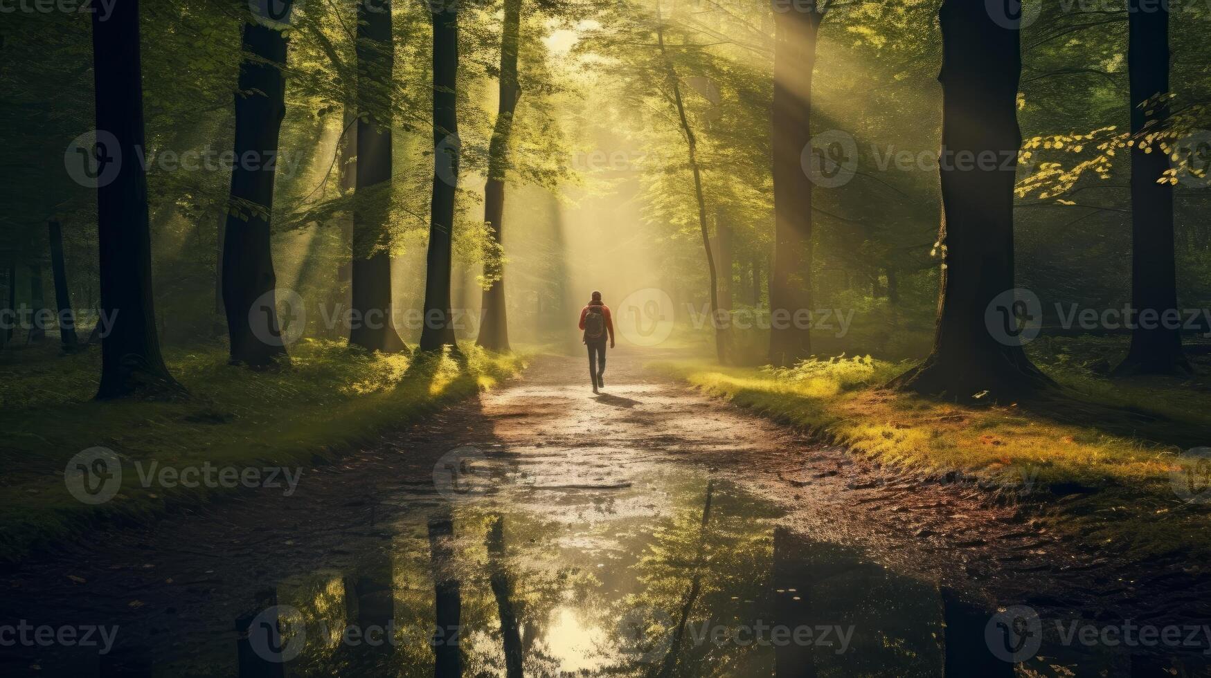 AI generated Person walking on a forest path. Generative AI photo