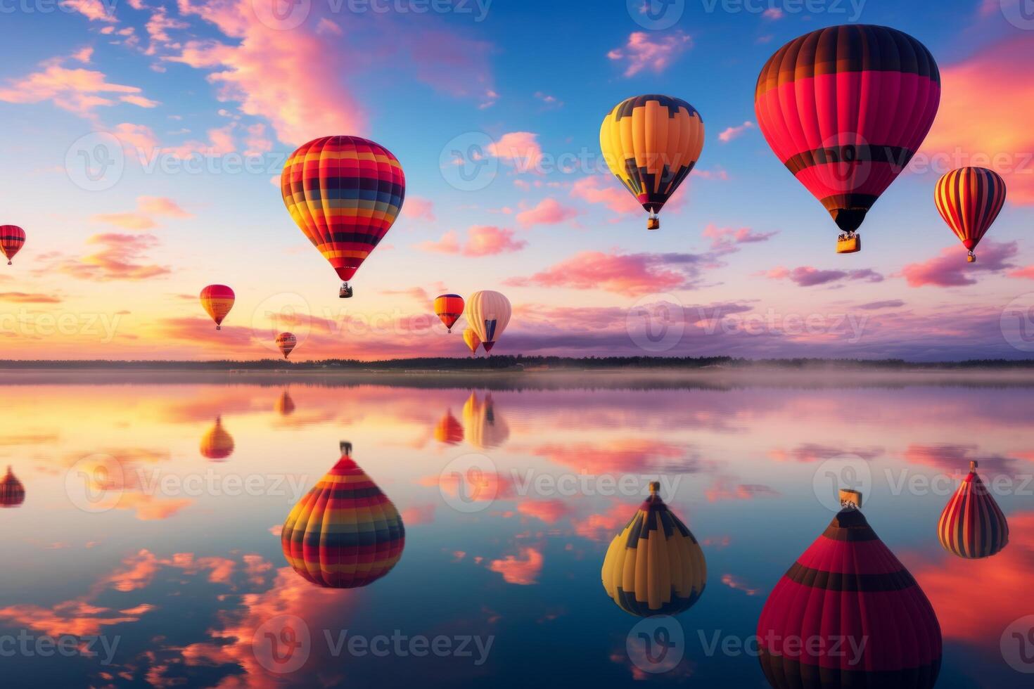 AI generated A vibrant reflection of colorful hot air balloons in a calm lake. Generative AI photo