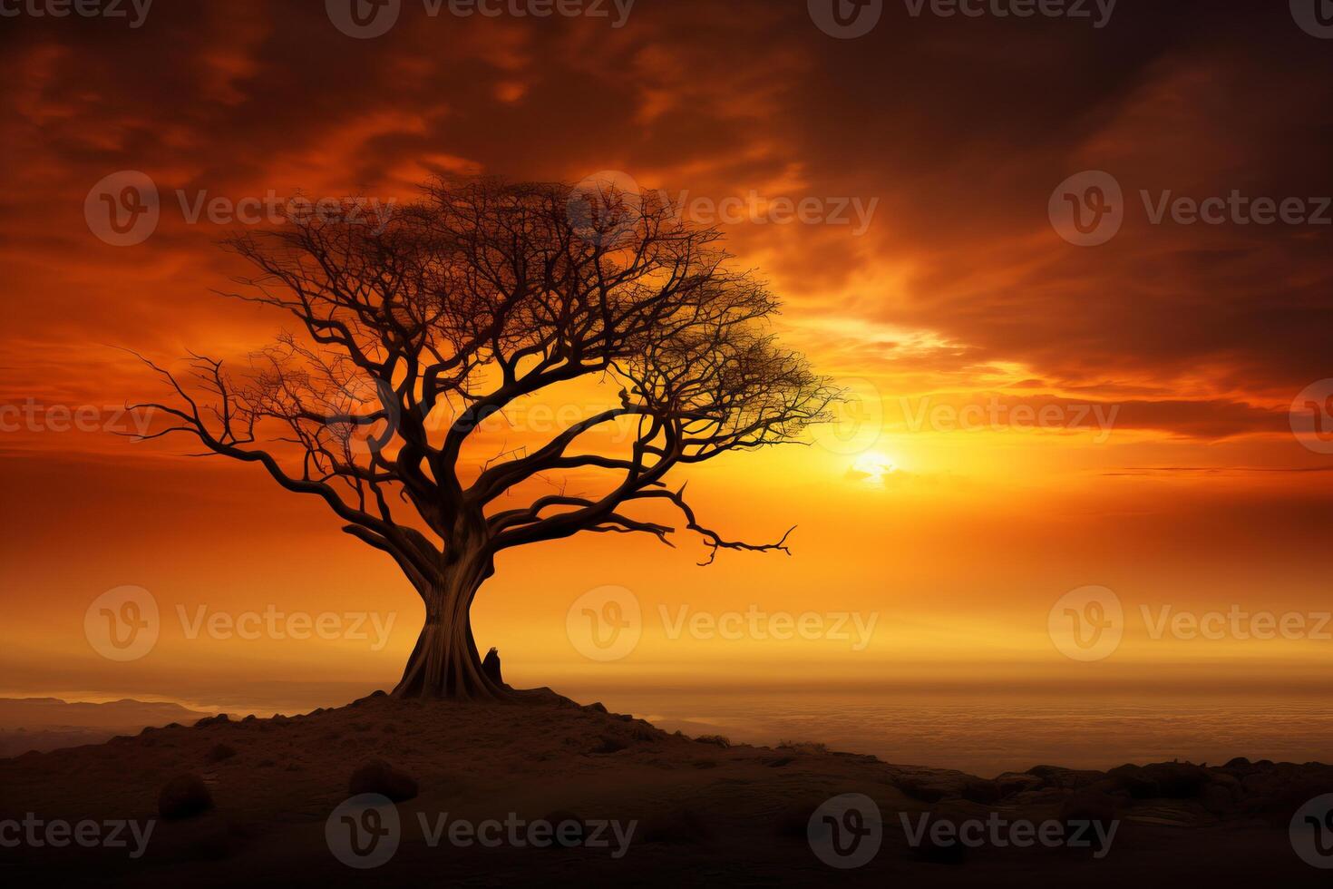 AI generated The silhouette of a tree against a golden sky. Generative AI photo