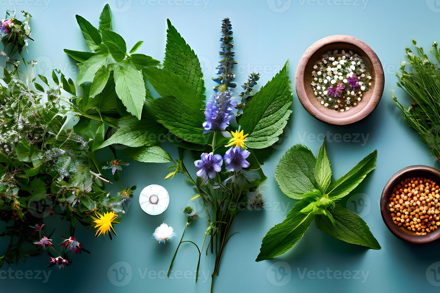 ai generado herbario y médico plantas son arreglado en un de madera mesa foto