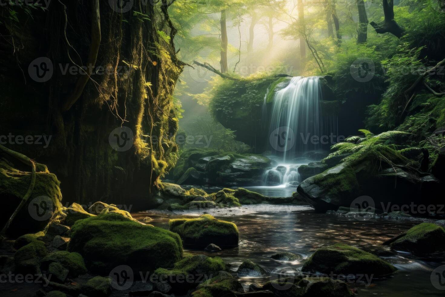AI generated Dreamy forest landscape with a hidden waterfall in the background. Generative AI photo