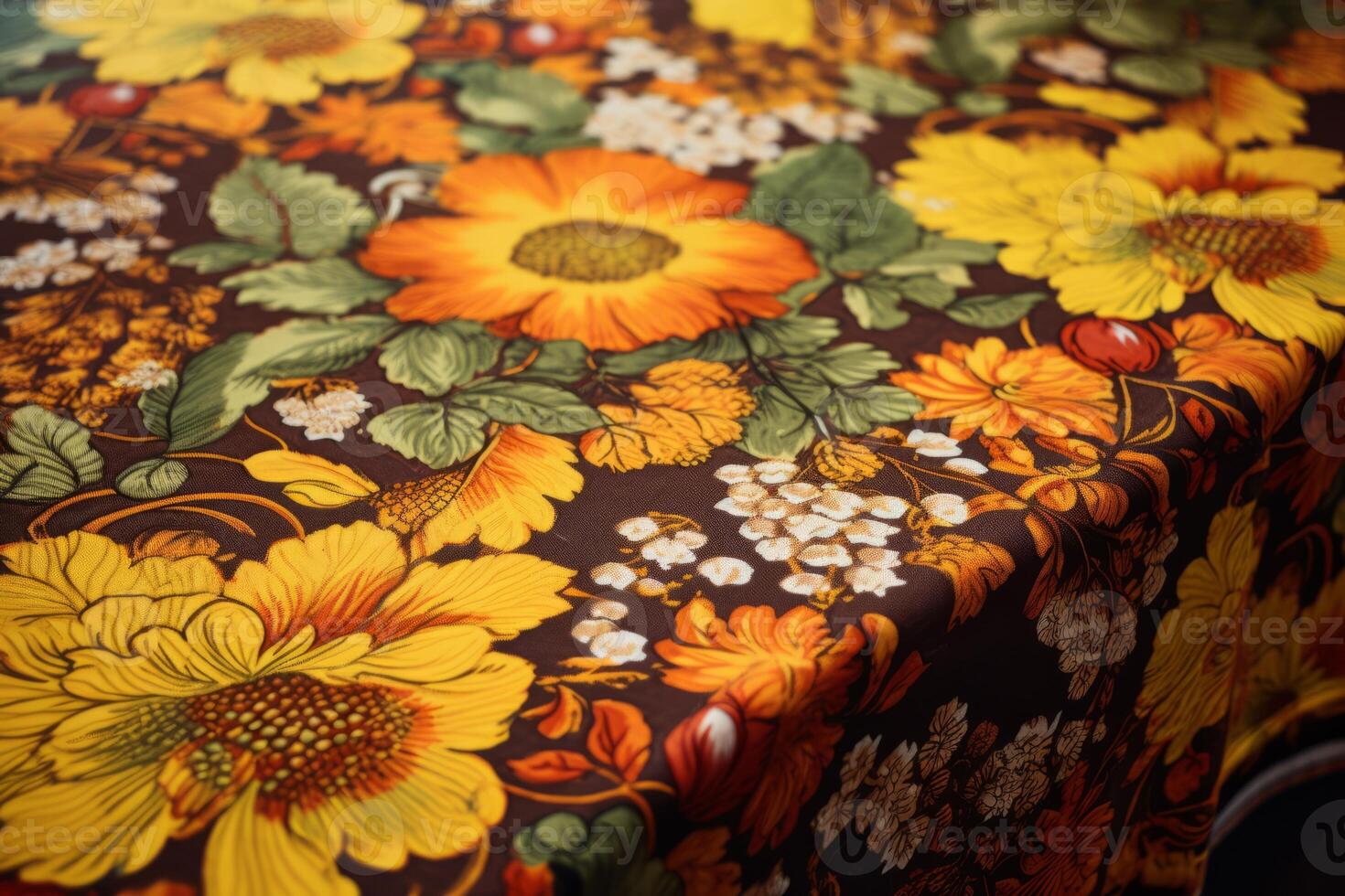AI generated A colorful Thanksgiving tablecloth with autumn motifs. Generative AI photo