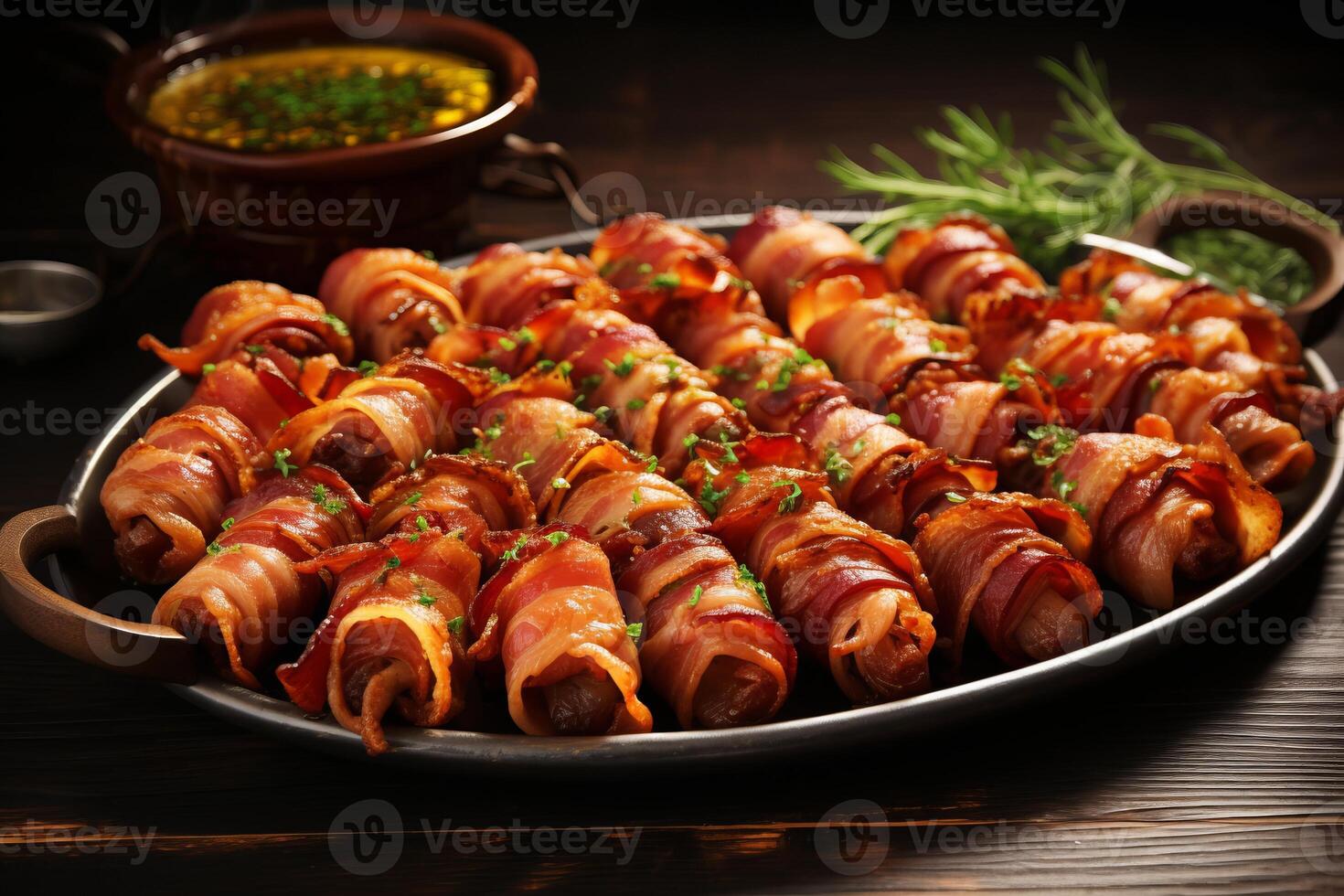 AI generated Bacon wrapped appetizers served on a stylish platter. Generative AI photo