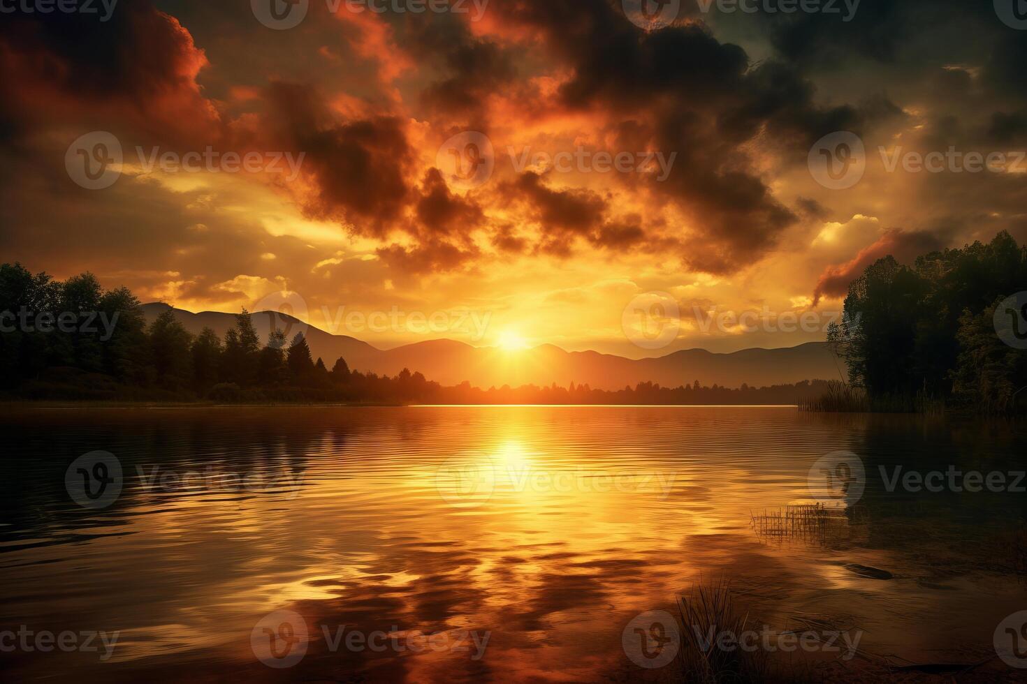 AI generated A radiant sunrise over a tranquil lake. Generative AI photo
