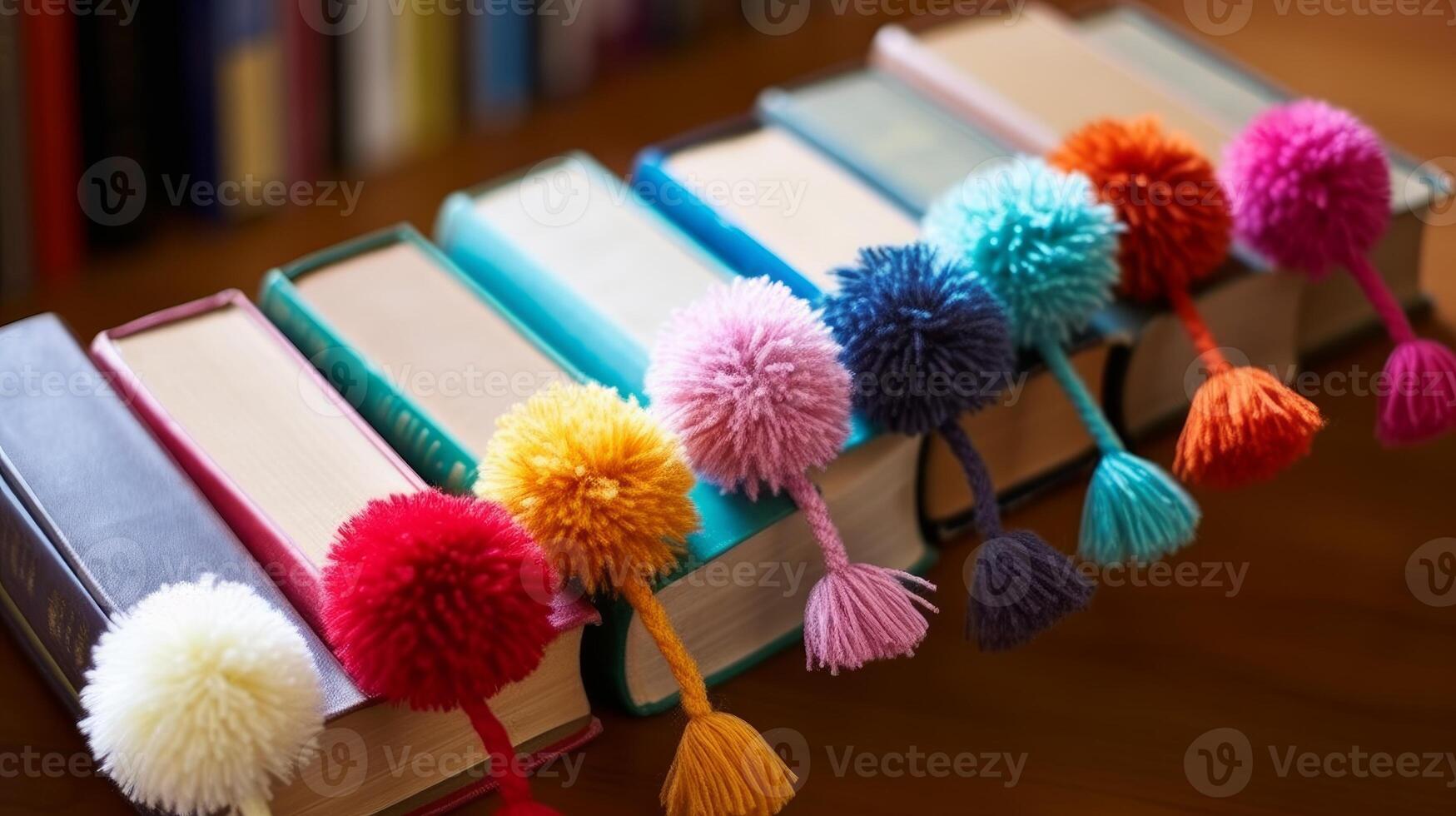 AI generated Yarn pom-pom bookmarks, marking your place in books. Generative AI photo