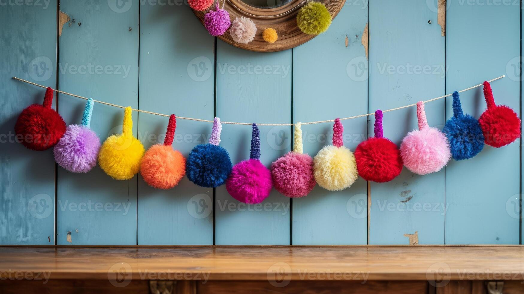 AI generated Yarn pom-pom garland, adding a festive touch. Generative AI photo