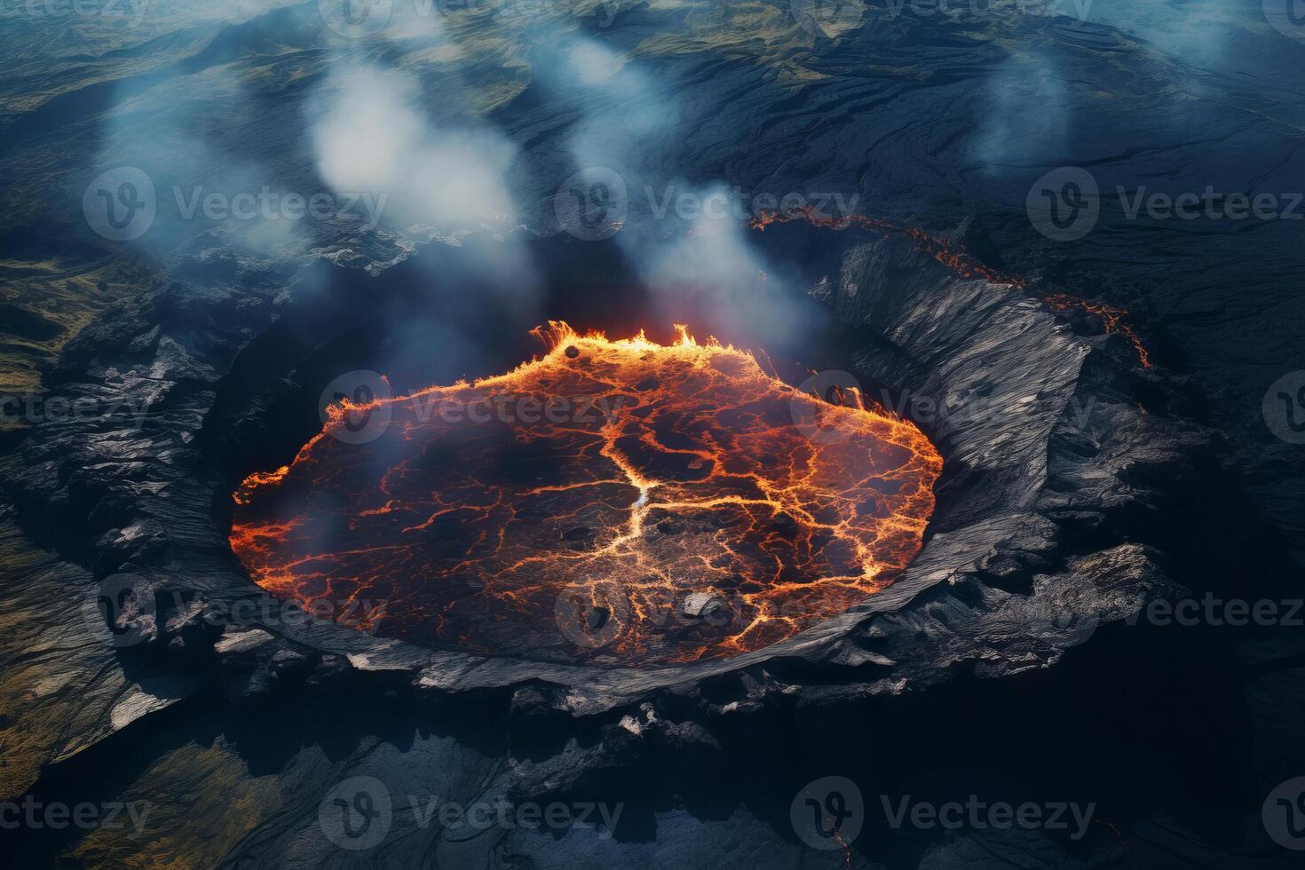 AI generated Aerial view of a smoking volcanic crater. Generative AI photo