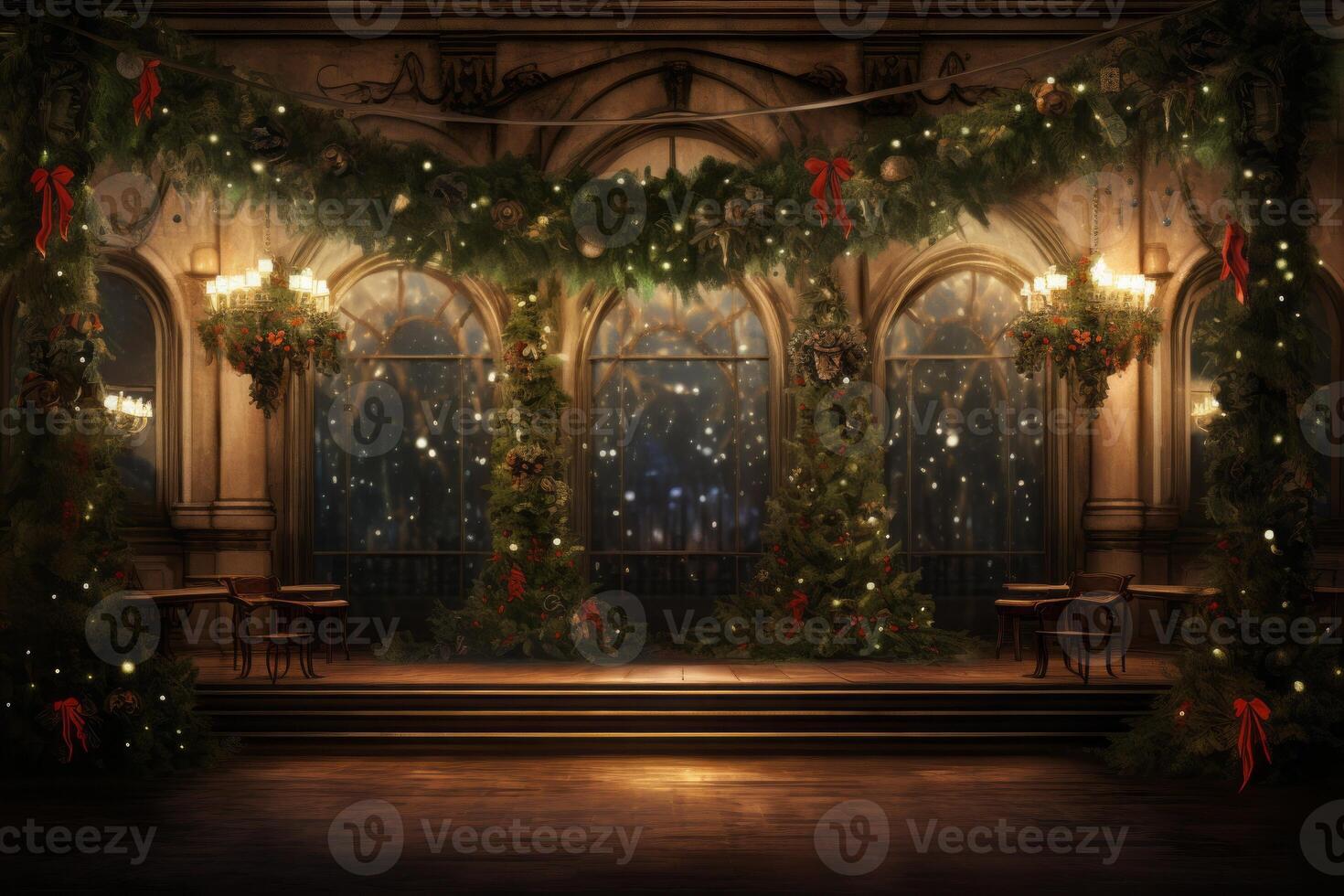 AI generated Room decorated for christmas with lights and wreaths. Generative AI photo