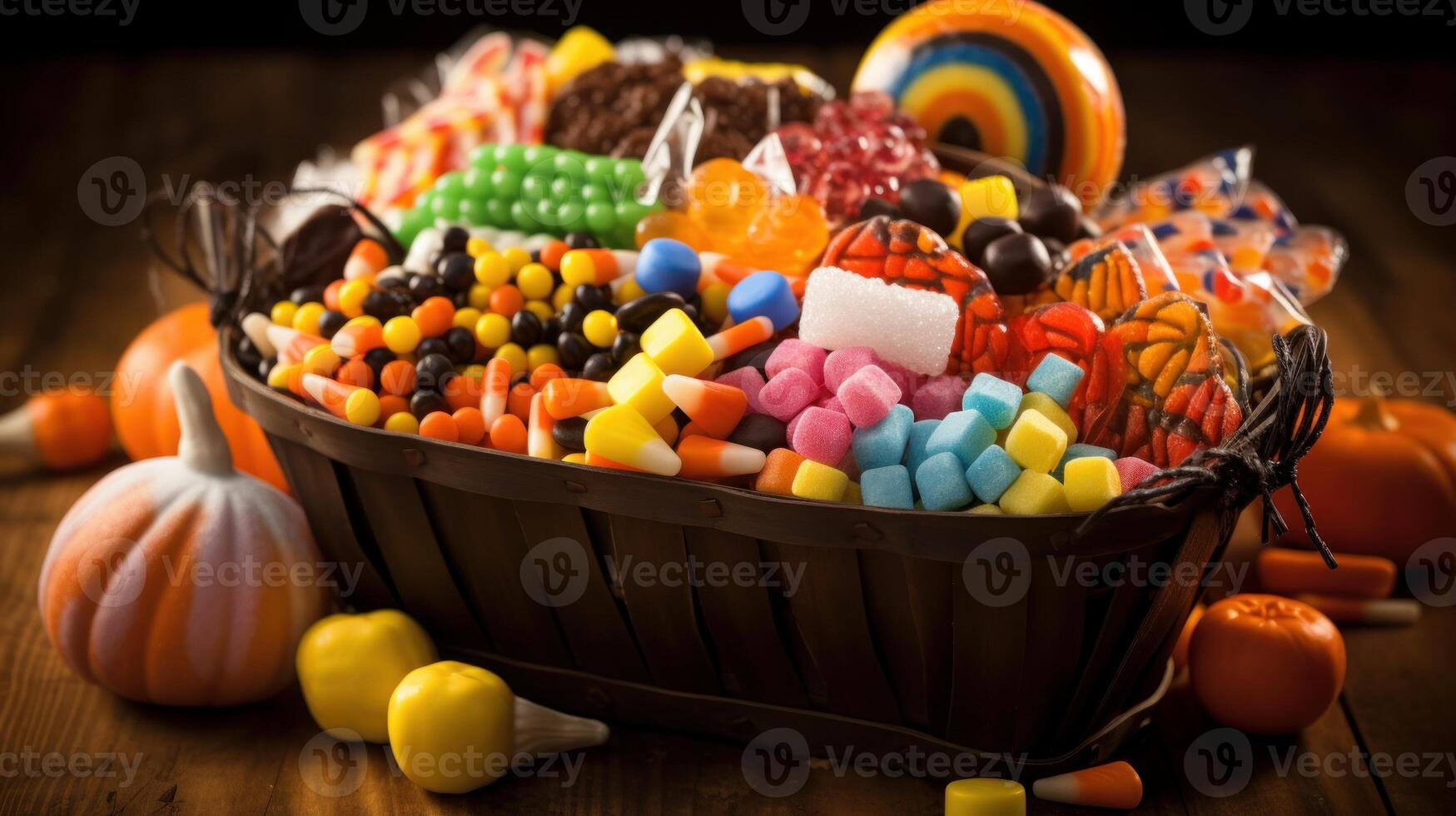AI generated Candy-filled Halloween basket with a variety of colorful treats. Generative AI photo