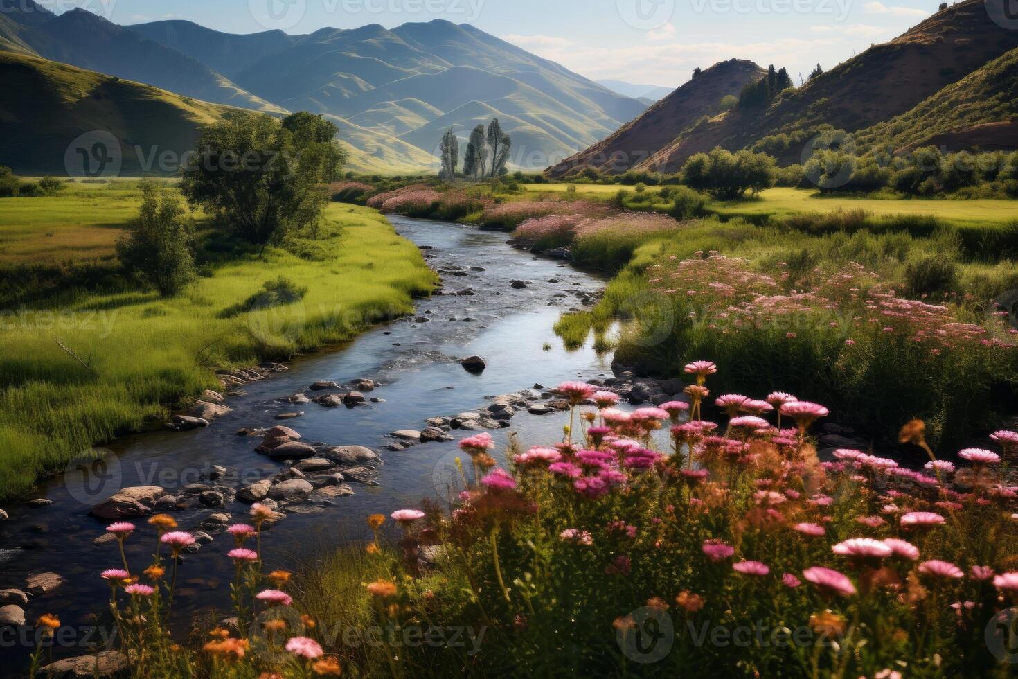 AI generated Peaceful river meandering through a valley dotted with wildflowers. Generative AI photo