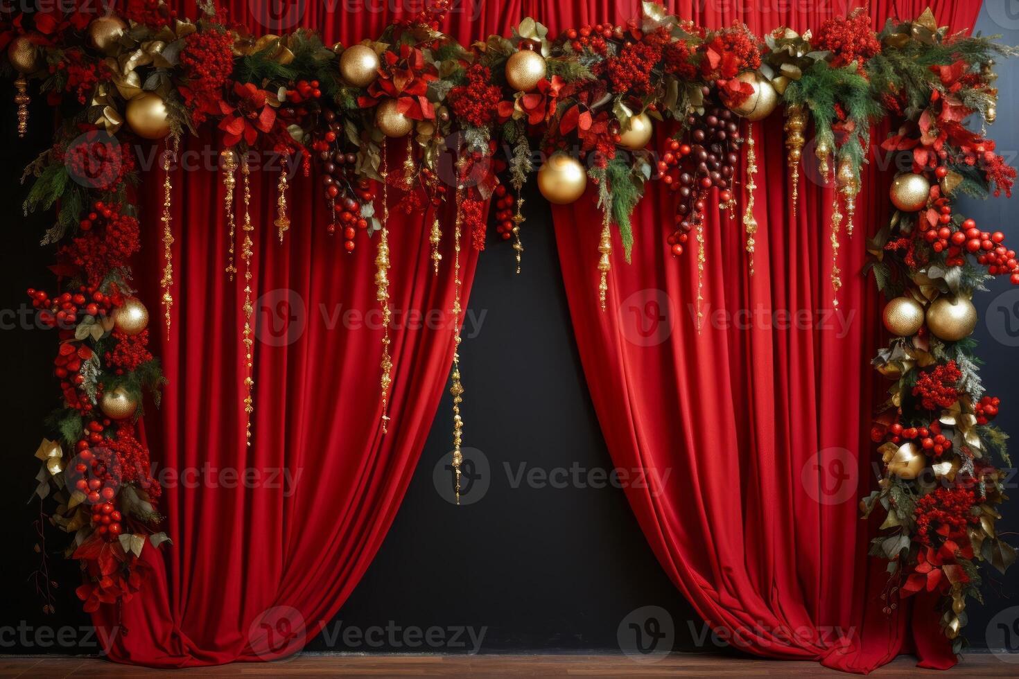 AI generated Red curtain adorned with festive christmas decorations. Generative AI photo