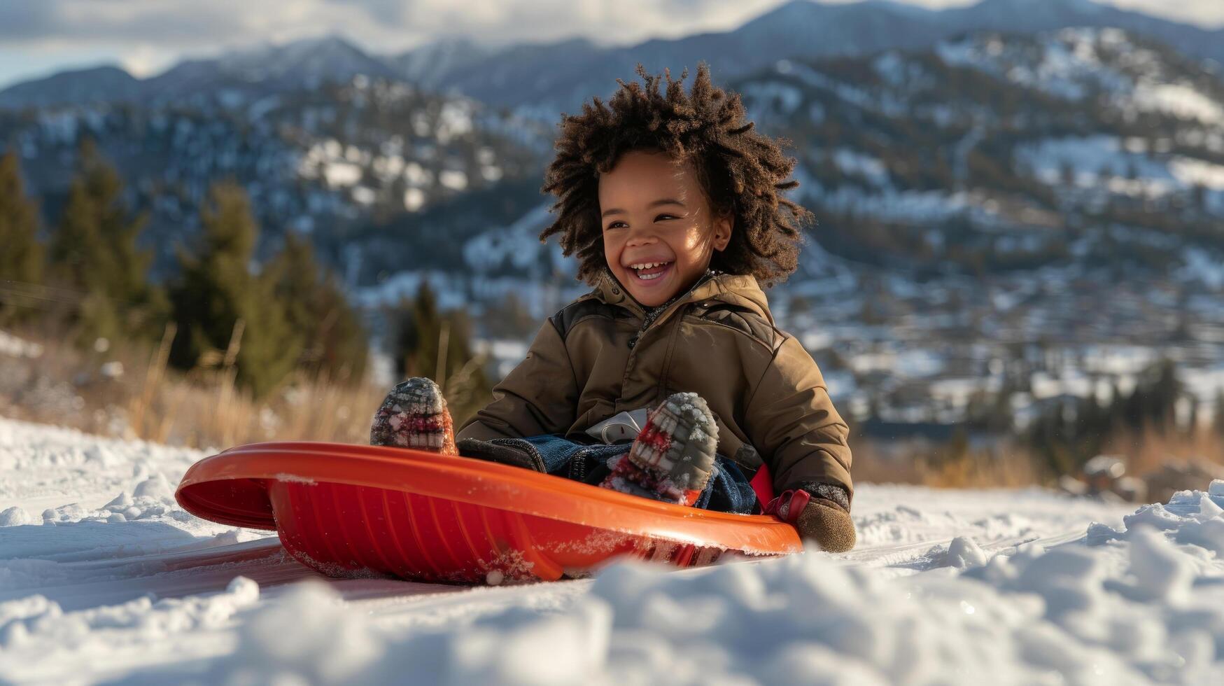 AI generated Young Child Sitting on Sled in Snow photo