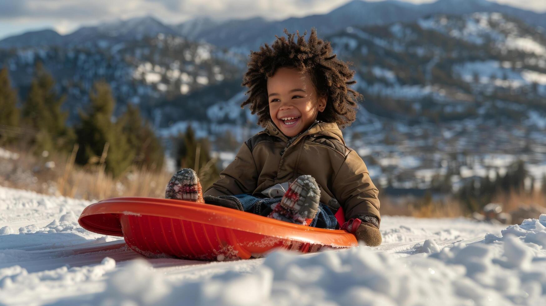 AI generated Young Child Sitting on Sled in Snow photo