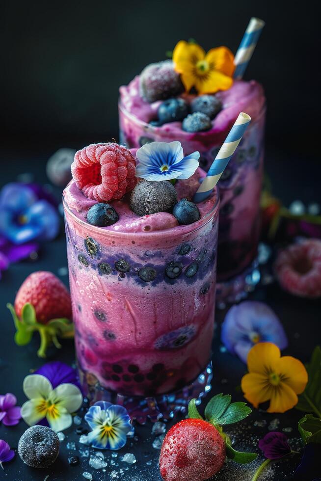 AI generated Purple Drink With Whipped Cream and Flowers photo