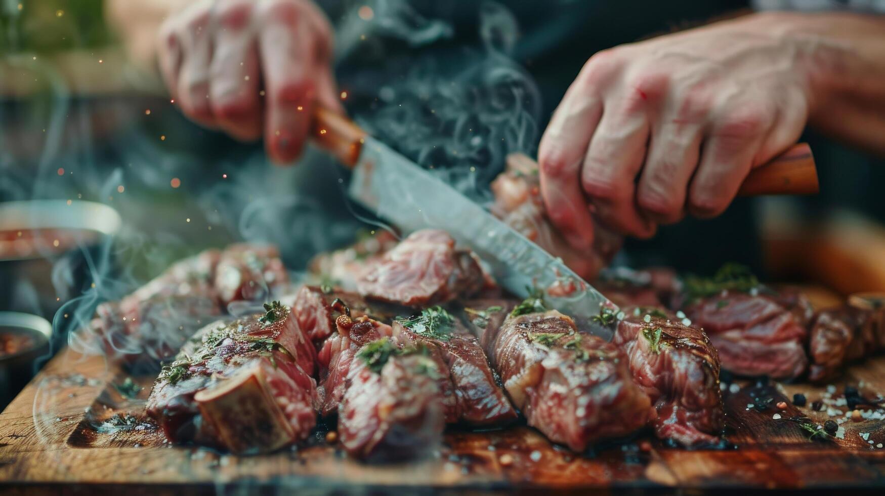 AI generated Person Cutting Meat With Knife on Cutting Board photo