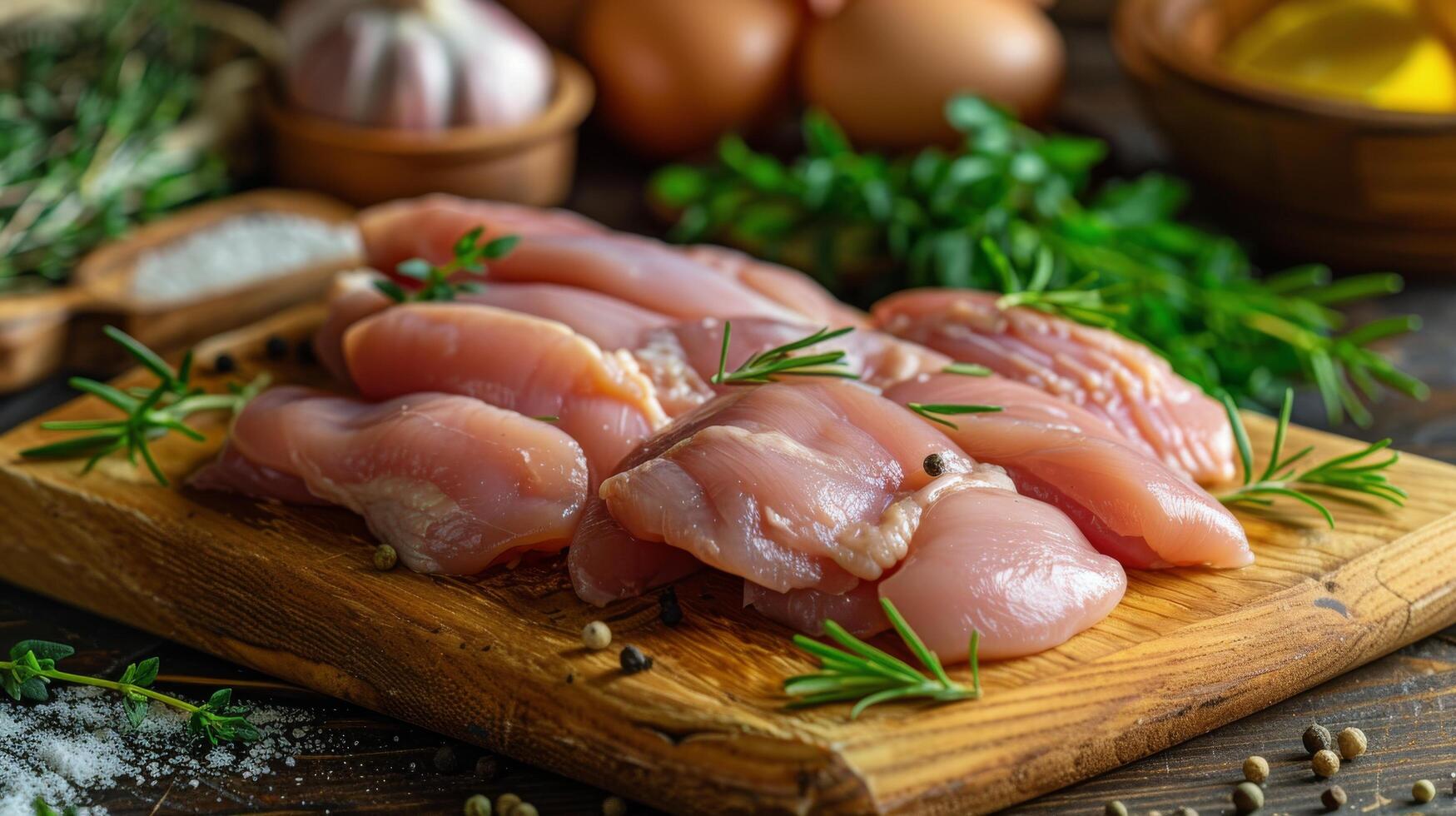 AI generated Fresh Meat and Vegetables on Wooden Cutting Board photo