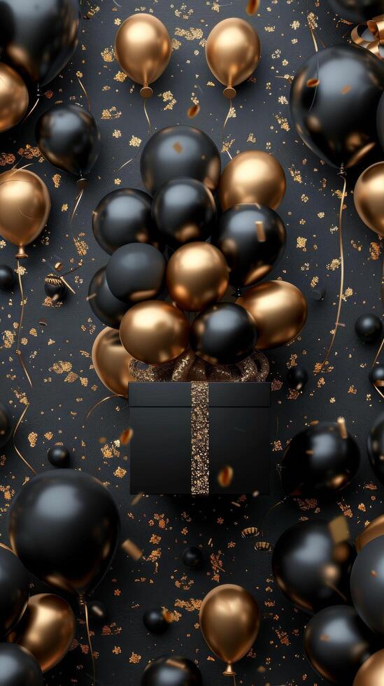 AI generated Black and Gold Balloons With Gift Box photo