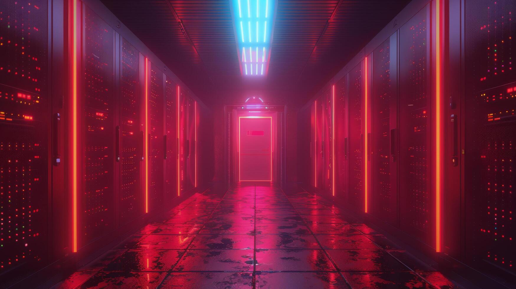 AI generated Long Hallway With Rows of Servers in a Data Center photo