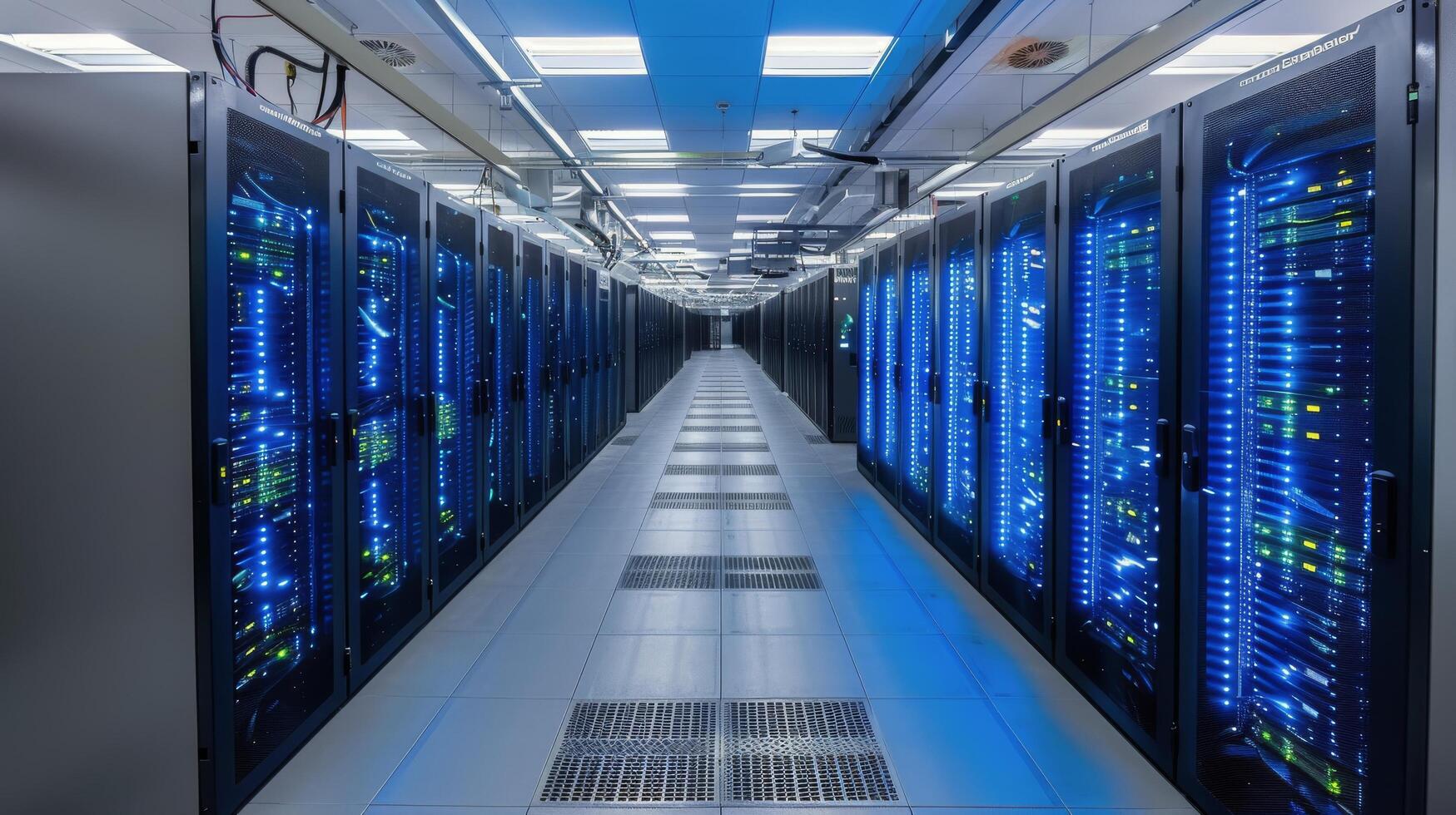 AI generated Rows of Servers in Data Center With Blue Lights photo