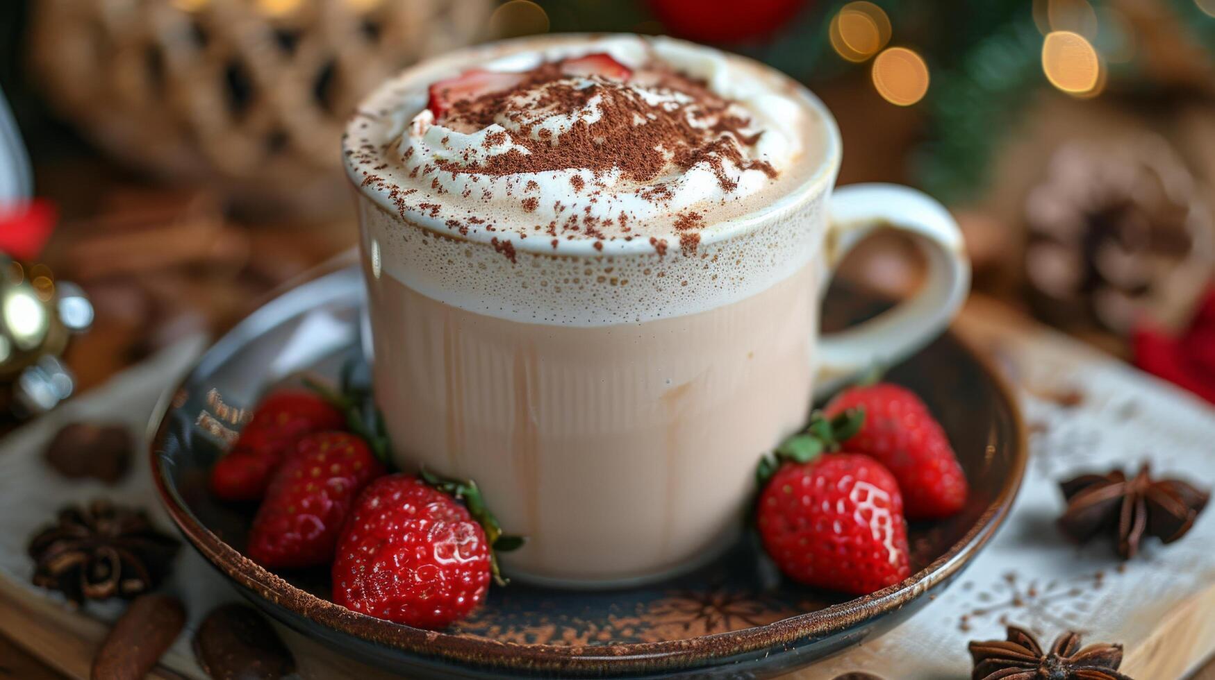 ai generado caliente chocolate con azotado crema y fresas foto