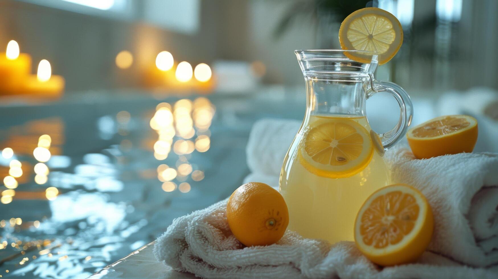 AI generated Lemonade Pitcher Next to Pile of Towels photo