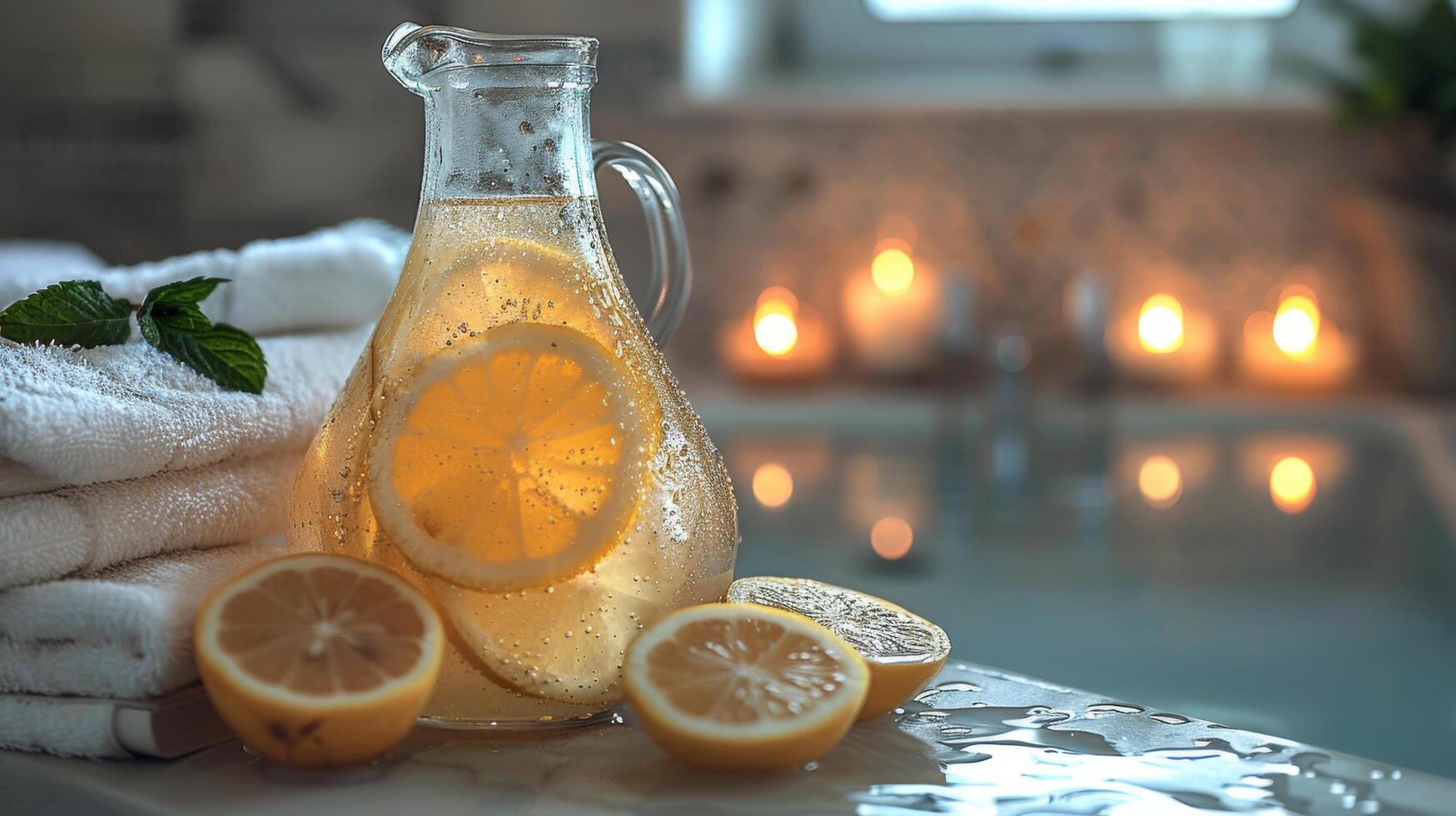 AI generated Lemonade Pitcher Next to Pile of Towels photo