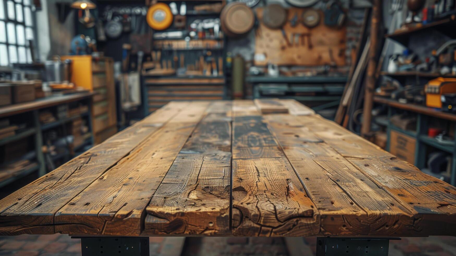 AI generated Wooden Table With Various Tools in Factory photo