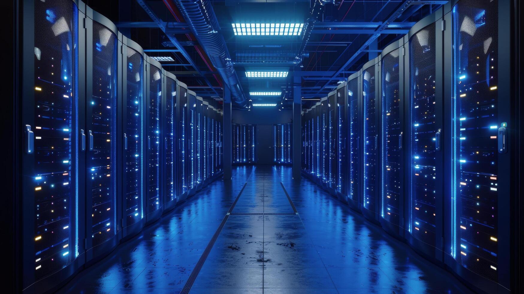 ai generado filas de servidores en datos centrar con azul luces foto