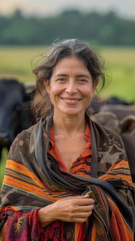 AI generated Woman Standing in Front of Herd of Cows photo
