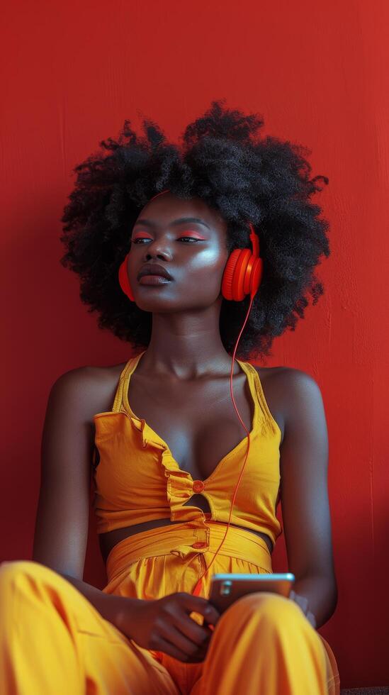 ai generado mujer con auriculares en frente de rojo pared foto