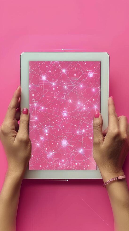 AI generated Person Using Tablet Computer on Pink Surface photo