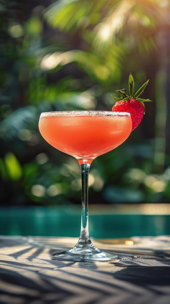AI generated Pink Cocktail by Poolside Table photo