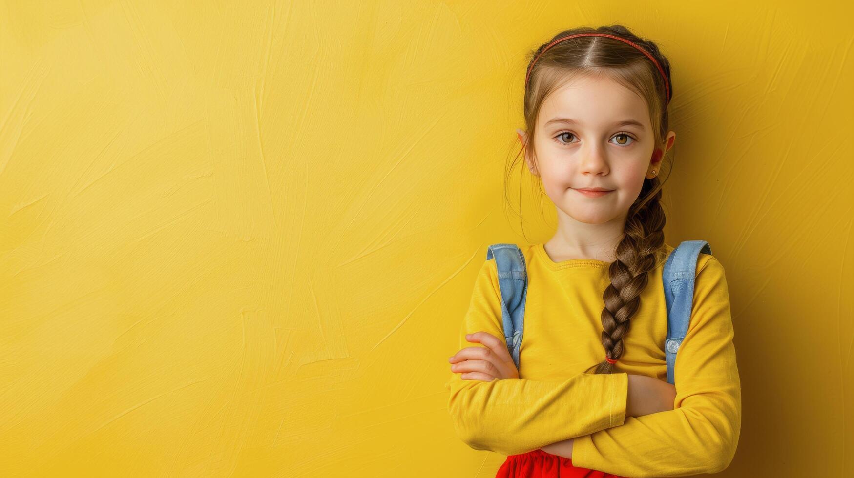 ai generado pequeño niña con trenza en frente de amarillo pared foto