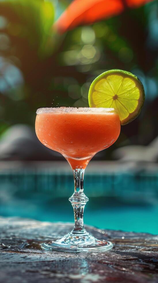 AI generated Pink Cocktail by Poolside Table photo