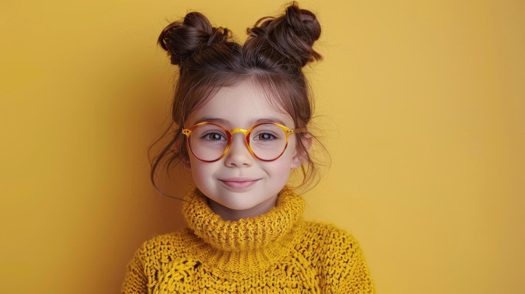 ai generado pequeño niña con trenza en frente de amarillo pared foto