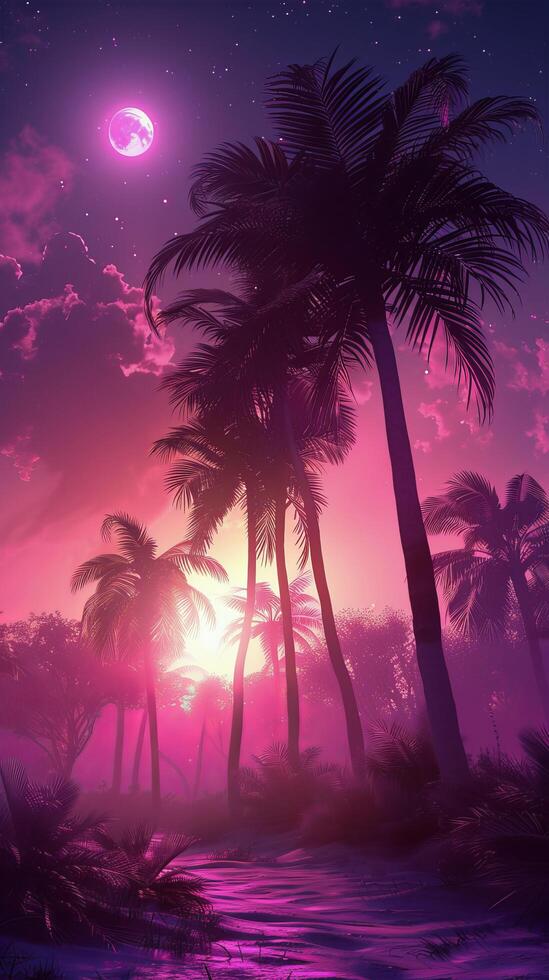 AI generated Moonlit Beach With Palm Trees photo