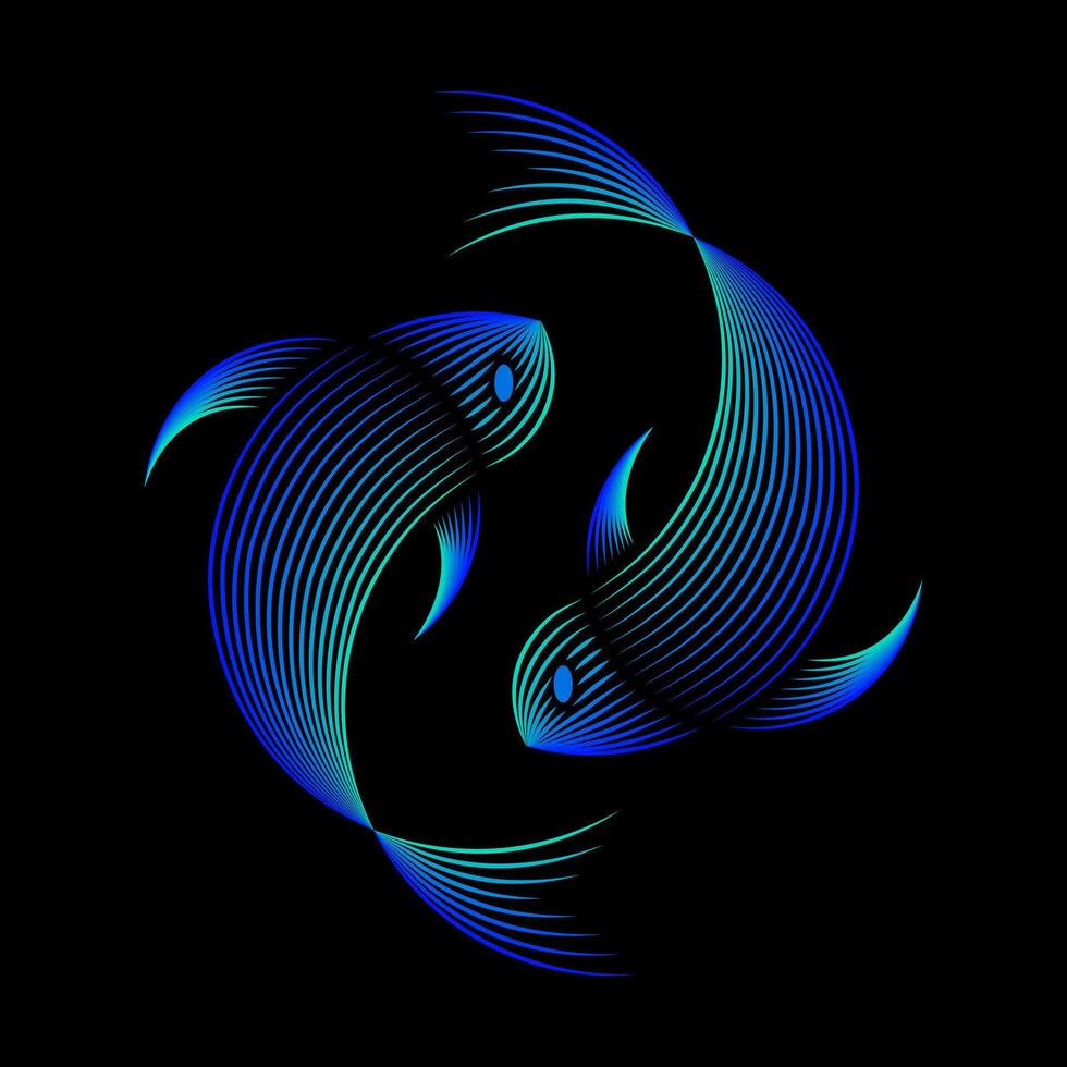 Dancing in Shadows - Dual Blue Fish in Black Background Linocut Vector Design