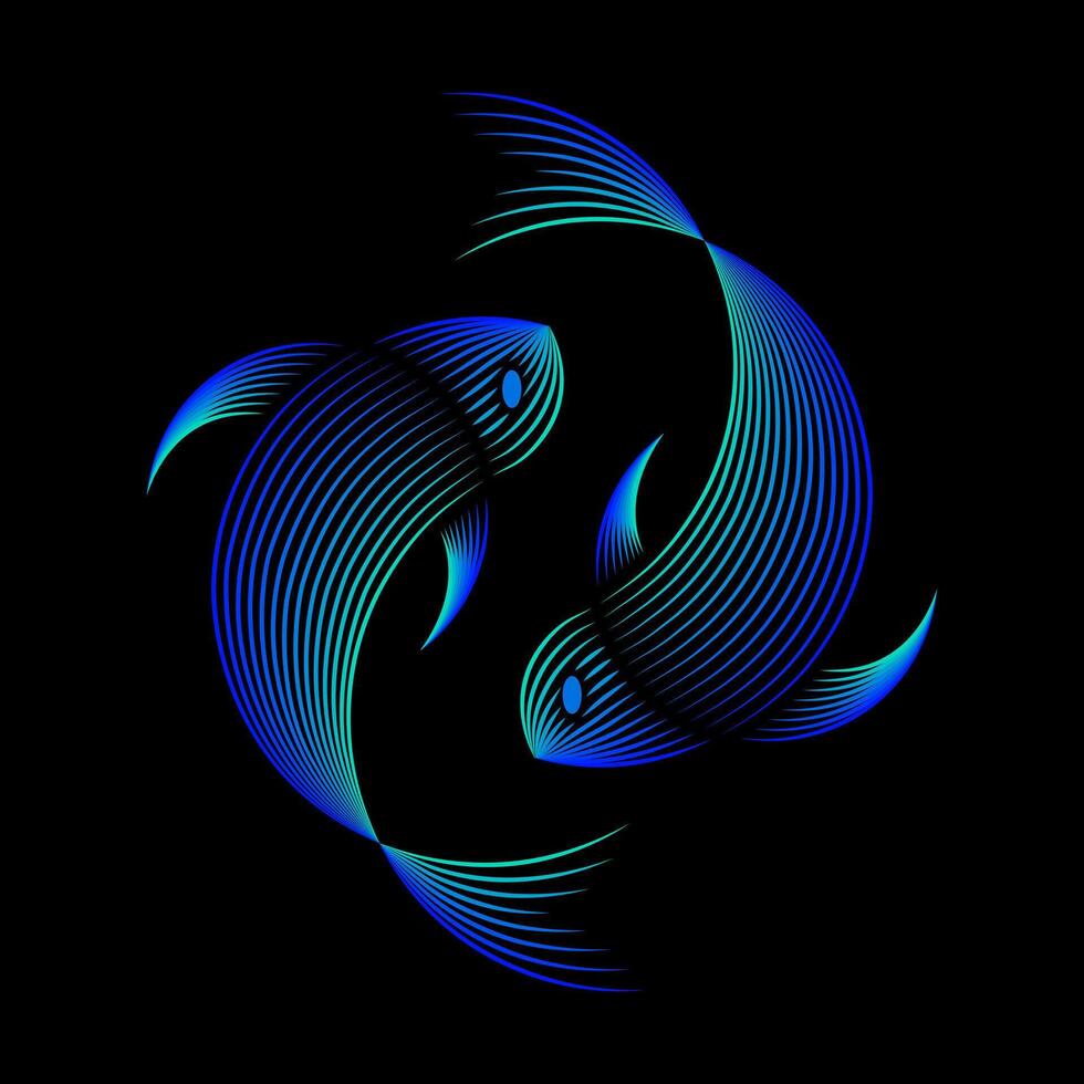 bailando en oscuridad - doble azul pescado en negro antecedentes grabado en linóleo vector diseño