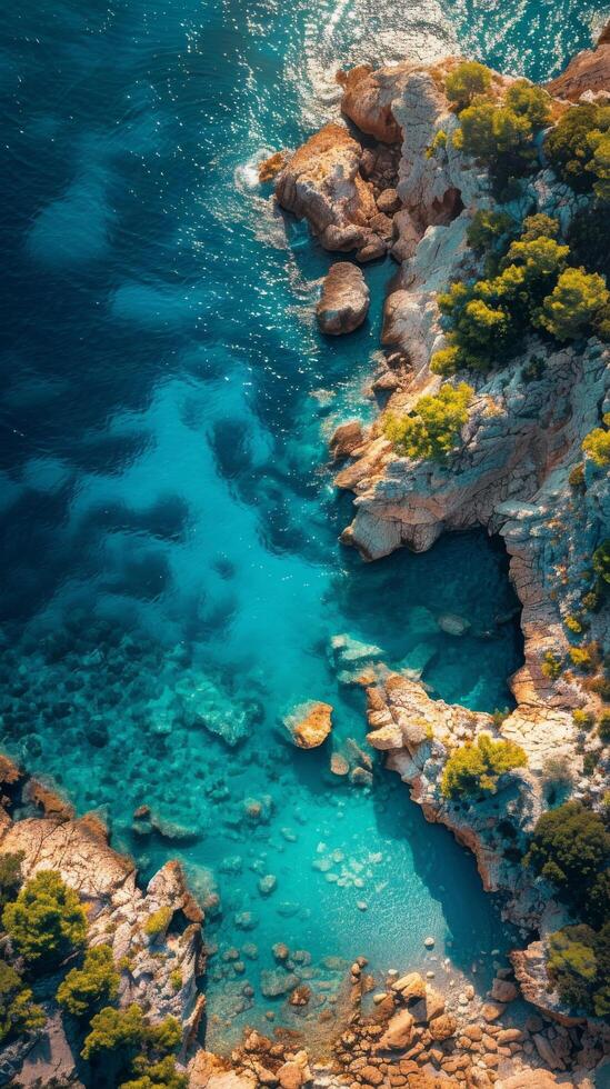 AI generated Aerial View of Ocean and Rocks photo