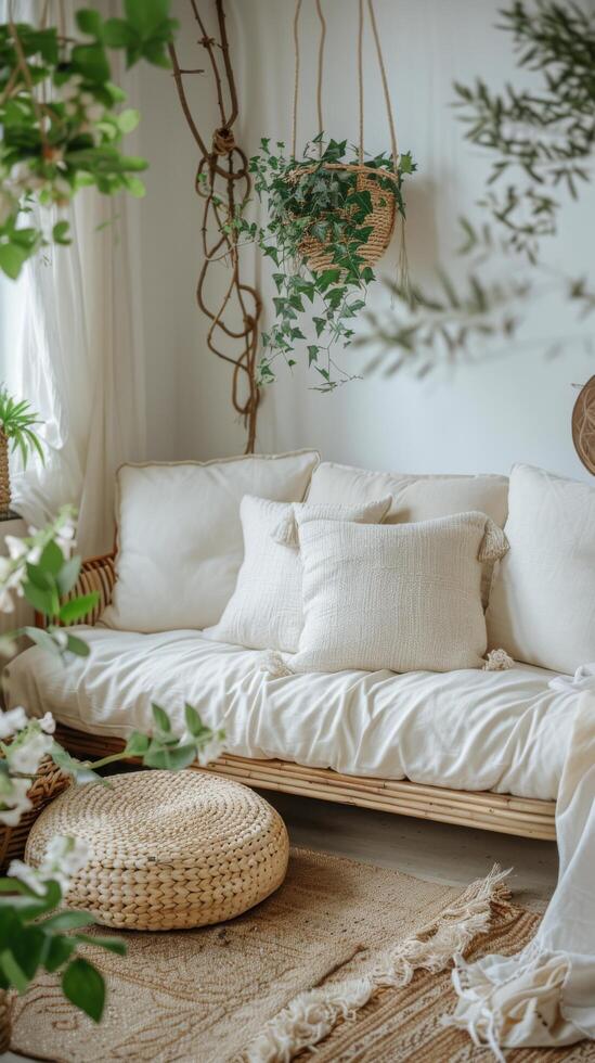 AI generated Bright White Living Room With Abundant Furniture photo