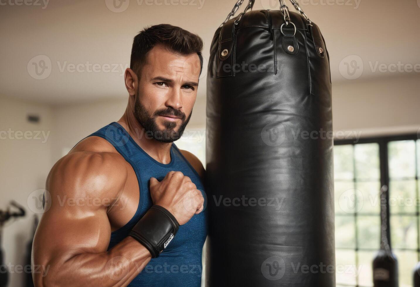 AI Generated A muscular man stands confidently by a punching bag in the gym. His body language exudes fitness and strength. photo