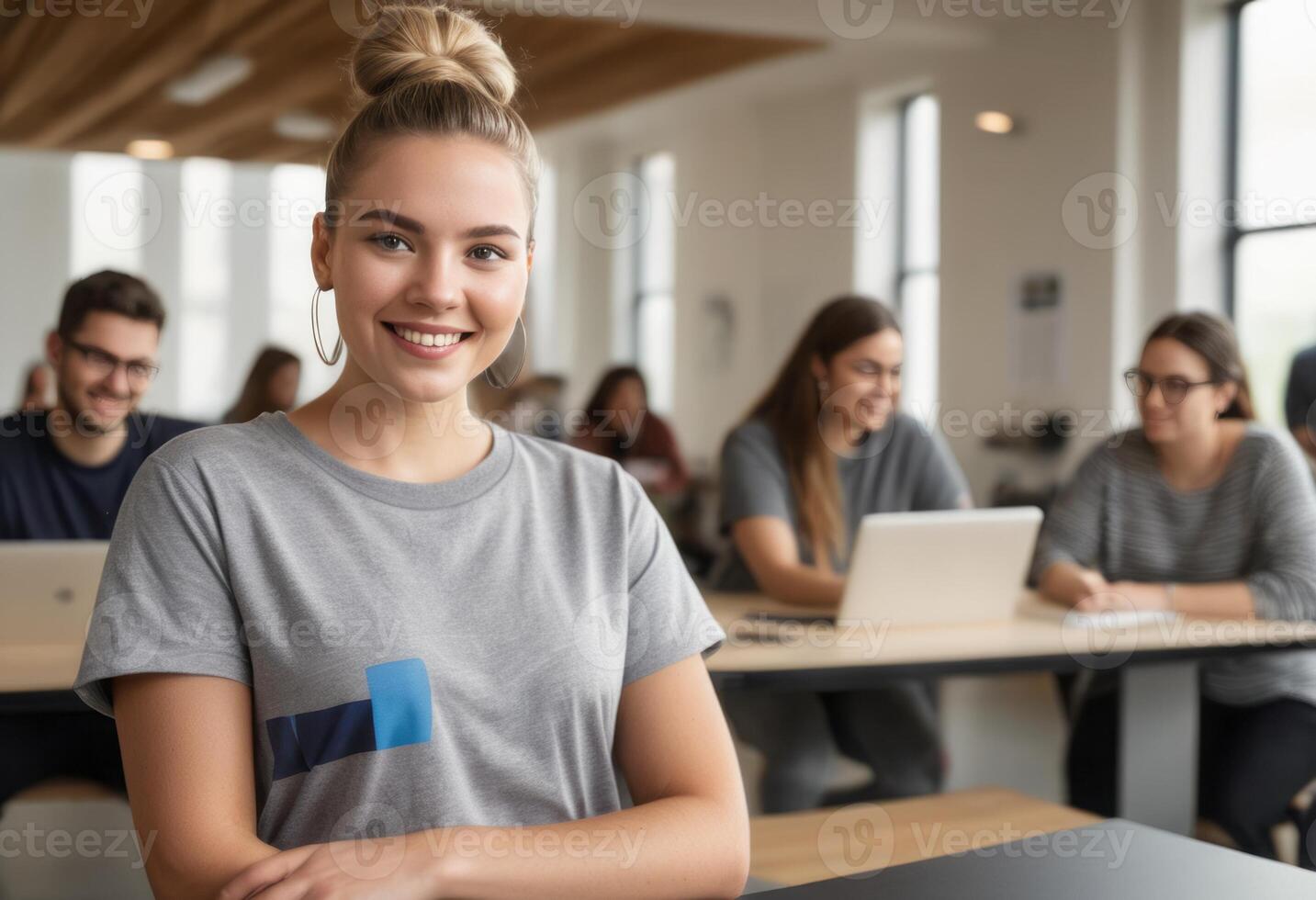 AI Generated Young woman in a classroom with peers. Looking at camera with a focused, academic setting behind her. photo